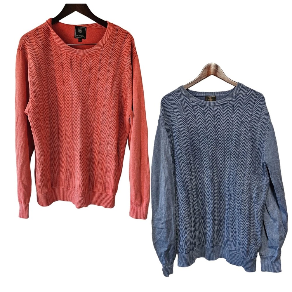 2 F/X Fusion Sweaters Sand Wash Crew Neck Large Coral &‎ Blue